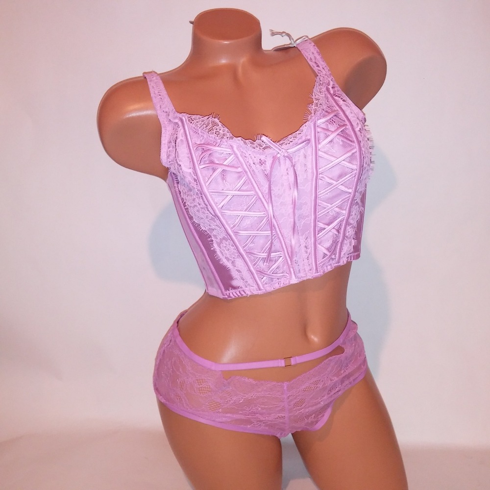 Victoria Secret Bra Set Bustier & Panty Large Pinkish Purple Lace Boned Cheeky - Picture 7 of 14